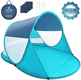 ISILER Pop Up Beach Tent, Automatic Instant 3-4 Person Sun Shelter, Portable Outdoor Beach Shade Tent, UV Protection Family Baby Beach Shelter, Windproof Waterproof Beach Canopy Cabana with Carry Bag