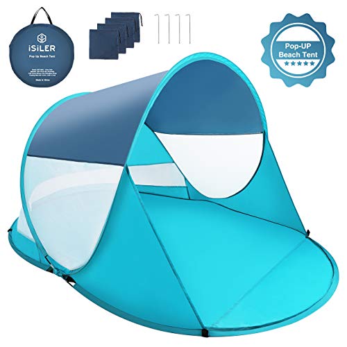 ISILER Pop Up Beach Tent, Automatic Instant 3-4 Person Sun Shelter, Portable Outdoor Beach Shade Tent, UV Protection Family Baby Beach Shelter, Windproof Waterproof Beach Canopy Cabana with Carry Bag