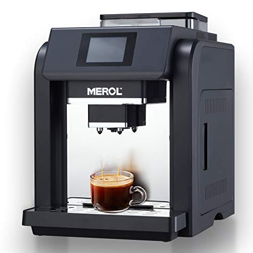 MEROL Fully Automatic Espresso Coffee Machine, Programmable 20-Bar Pressure Pump Coffee Maker, Burr Grinder, with Milk Frother for Latte and Cappuccino Drinks, Black