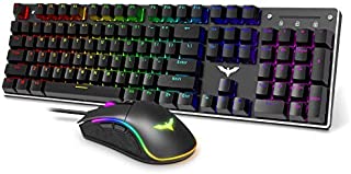 Havit Mechanical Gaming Keyboard and Mouse Combo Blue Switch 104 Keys Rainbow Backlit Keyboards, 4800 Dots Per Inch 7 Button Mouse Wired for PC Gamer Computer Laptop (Black)