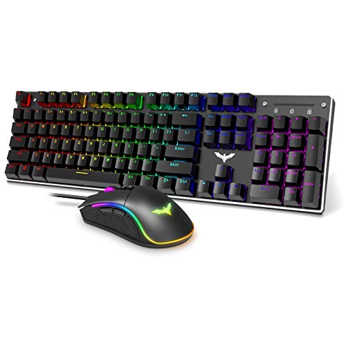 Havit Mechanical Gaming Keyboard and Mouse Combo Blue Switch 104 Keys Rainbow Backlit Keyboards, 4800 Dots Per Inch 7 Button Mouse Wired for PC Gamer Computer Laptop (Black)