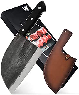 XYJ Full Tang Butcher Knife Handmade Forged Kitchen Chef Knife High Carbon Clad Steel Butcher Cleaver with Leather Knife Sheath