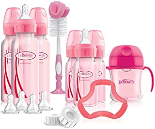 Dr. Brown's Options+ Baby Bottles Pink Gift Set with Silicone Teether, Pink Sippy Cup, Pink Bottle Brush and Travel Caps, Includes 6 Narrow Pink Baby Bottles