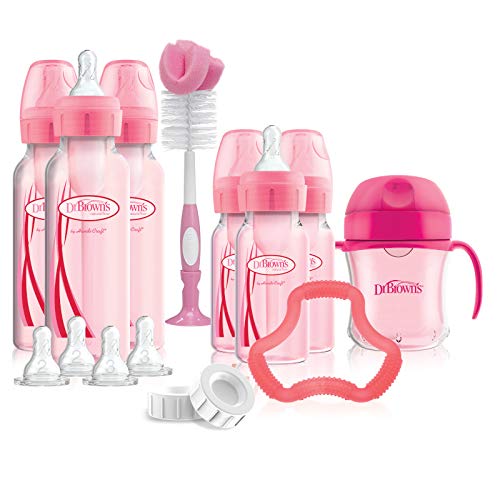 Dr. Brown's Options+ Baby Bottles Pink Gift Set with Silicone Teether, Pink Sippy Cup, Pink Bottle Brush and Travel Caps, Includes 6 Narrow Pink Baby Bottles