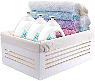 Suwimut Wooden Storage Box, 15.7x11.8 x6.7 Inches Large Basket Organizer Bin Container Lined with Machine Washable Soft Linen Fabric, Wood Storage Crate Decorative for Closet, Cabinet and Shelf, White