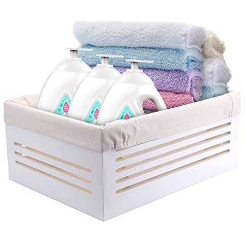 Suwimut Wooden Storage Box, 15.7x11.8 x6.7 Inches Large Basket Organizer Bin Container Lined with Machine Washable Soft Linen Fabric, Wood Storage Crate Decorative for Closet, Cabinet and Shelf, White