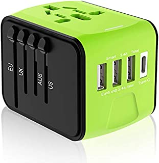 Travel Plug Adapter, Universal Travel Adapter, Travel Power Plug Adapter, International Power Adapter with 3 USB & 1 Type-C Travel Accessories for UK, EU, US, AUS 170 Countries (Green)