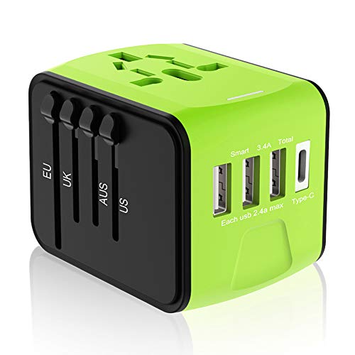 Travel Plug Adapter, Universal Travel Adapter, Travel Power Plug Adapter, International Power Adapter with 3 USB & 1 Type-C Travel Accessories for UK, EU, US, AUS 170 Countries (Green)