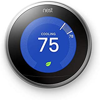 Google, T3007ES, Nest Learning Thermostat, 3rd Gen, Smart Thermostat, Stainless Steel, Works With Alexa