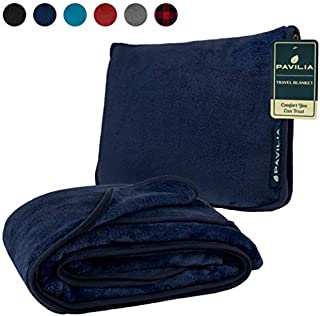 PAVILIA Fleece Travel Blanket Pillow | Large Portable Airplane Blanket with Luggage Strap | 2-in-1 Foldable Blanket for Travel, Use as Blanket for Car, Flight, Work, Camping (Navy Blue)