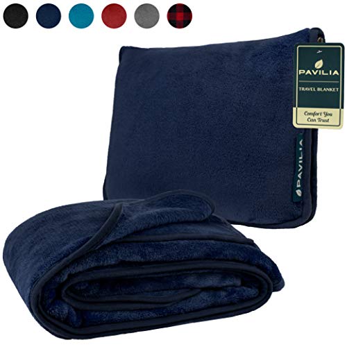 PAVILIA Fleece Travel Blanket Pillow | Large Portable Airplane Blanket with Luggage Strap | 2-in-1 Foldable Blanket for Travel, Use as Blanket for Car, Flight, Work, Camping (Navy Blue)