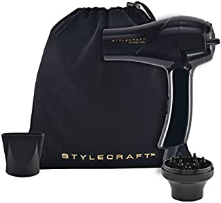 Stylecraft Peewee Dryer - Tri-Plex Fusion Tech for Silky Hair - Folding Handle, Lightweight & Portable Size, Dual Voltage - Concentrator Nozzle & Diffuser Attachments, Travel Bag, Power Cord - Black