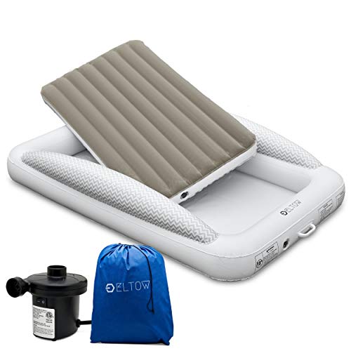 Eltow Inflatable Toddler Air Mattress Bed With Safety Bumper - Portable, Modern Travel Bed, Cot for Toddlers - Perfect For Travel, Camping - Removable Mattress, High Speed Pump and Travel Bag Included