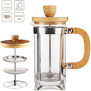 12 oz French Press Coffee/Tea Maker by Sivaphe Espresso Press Milk Frother with 18/8 Stainless Steel Filter 350ML High Borosilicate Carafe Durable Bamboo Handle