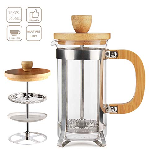 12 oz French Press Coffee/Tea Maker by Sivaphe Espresso Press Milk Frother with 18/8 Stainless Steel Filter 350ML High Borosilicate Carafe Durable Bamboo Handle