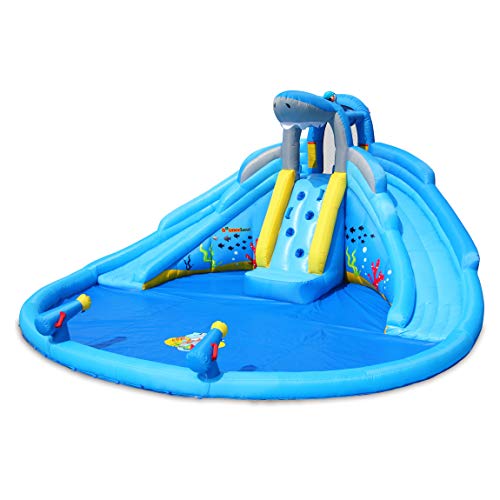 Shark Tank Water Slide with Dual Slides and Pool, Dual Water Guns, Large Splash Pool, Dual Long Water Slides, UL Certified Blower Included, Fun Party Theme for Kids