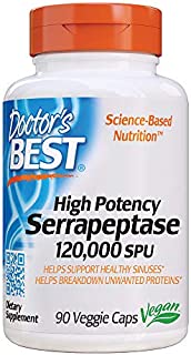 Doctor's Best High Potency Serrapeptase, Non-GMO, Gluten Free, Vegan, Supports Healthy Sinuses, 120,000 SPU, 90 Veggie Caps