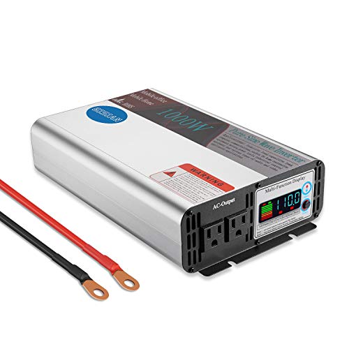 GISIAN 1000W Pure Sine Wave Power Inverter Peak Power 2000W 12V DC to 110V AC Car Power Inverter with LCD Display 2 AC Outlets for RV Truck Boat