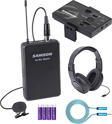 Samson Go Mic Mobile Lavalier Wireless Microphone System Bundle with SR350 Over Ear Stereo Headphones, Blucoil 6-FT Headphone Extension Cable (3.5mm), and 4 AA Batteries