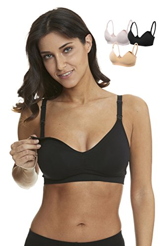 HOFISH Women's Wireless Breastfeeding Nursing Bras, 3pcs/Pack (Push Up:Pink-Black-Beige), Medium