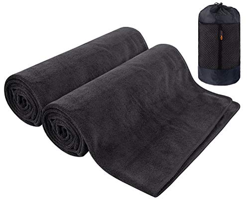 SUNLAND Microfiber Gym Bath Towel Ultra Soft Travel Camping Towel Super Absorbent Swimming Sport Towel with Carry Bag for Adults and Children 24inchX48inch Black 2 Pack