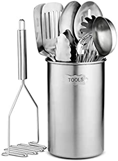 Stainless Steel Kitchen Utensil Set - 10 piece premium Non-Stick & Heat Resistant Kitchen Gadgets, Turner, Spaghetti Server, Ladle, Serving Spoons, Whisk, Tungs, Potato Masher and Utensil Holder