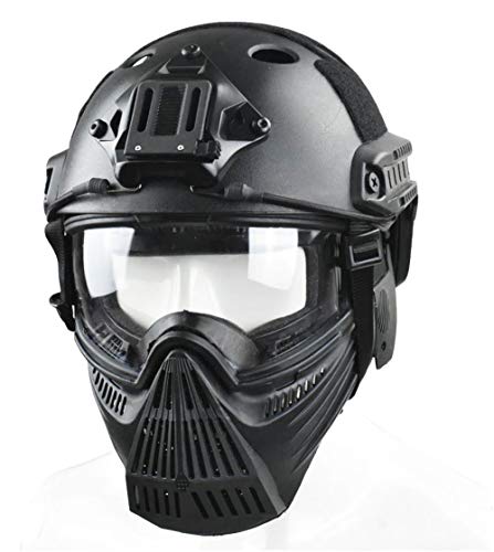 JFFCESTORE Tactical Mask and Fast Helmet,Protective Full Face Anti-Fog Clear Goggle mask Ear Protection Adjustable Strap One Size fits All Black