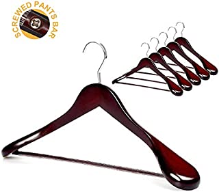 TOPIA HANGER Set of 6 Luxury Mahogany Wooden Coat Hangers, Premium Wood Suit Hangers, Glossy Finish with Extra-Wide Shoulder, Thicker Chrome Hooks & Anti-Slip Bar CT02M