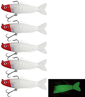 Dr.Fish 5 Pack Multi-Jointed Soft Fishing Lure, Soft Plastic Swimbait with Jig Head, 3.5 Inches 0.6oz 3D Eyes Glitters Artificial Bass Lure Treble Hooks Pike Salmon Catfish Red White