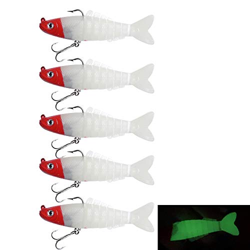 Dr.Fish 5 Pack Multi-Jointed Soft Fishing Lure, Soft Plastic Swimbait with Jig Head, 3.5 Inches 0.6oz 3D Eyes Glitters Artificial Bass Lure Treble Hooks Pike Salmon Catfish Red White