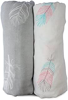 Muslin Swaddle Blankets Large Size - Soft Breathable Bamboo Cotton Prevents Overheating Set of 2 Gender Neutral Design - Nursing Cover Swaddling Blanket - Feather Print Boy Girl - Burp Cloth