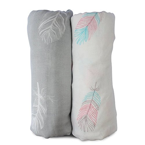 Muslin Swaddle Blankets Large Size - Soft Breathable Bamboo Cotton Prevents Overheating Set of 2 Gender Neutral Design - Nursing Cover Swaddling Blanket - Feather Print Boy Girl - Burp Cloth