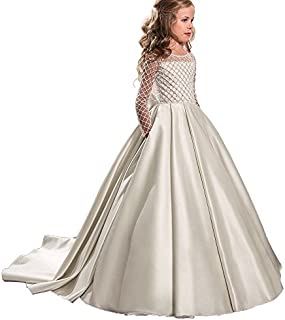 Princess Flower Girl Dresses Lace Long Sleeve Satin Kids Puffy Ball Gown Size 12 Ivory