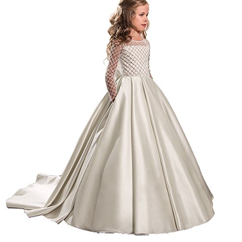 Princess Flower Girl Dresses Lace Long Sleeve Satin Kids Puffy Ball Gown Size 12 Ivory