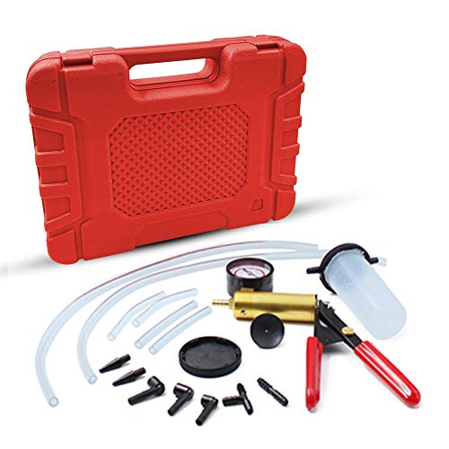 HTOMT 2 in 1 Brake Bleeder Kit Hand held Vacuum Pump Test Set for Automotive with Sponge Protected Case,Adapters,One-Man Brake and Clutch Bleeding System(Red)