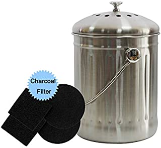 4W Stainless Steel Compost Bin, 1.3 Gallon Indoor Compost Bin for Kitchen Counter Odorless Design with 4 Charcoal Filters and Lid for Home Food Waste and Composting