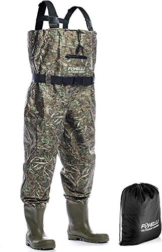 Foxelli Nylon Chest Waders  Camo Fishing Waders for Men with Boots - Use for Fly Fishing, Duck Hunting, Emergency Flooding  100% Waterproof, Carrying Bag Included