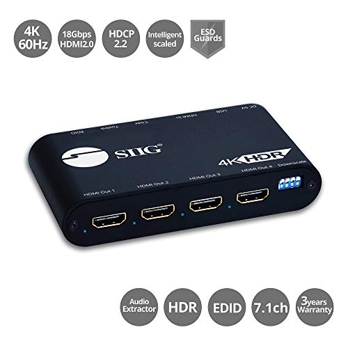 SIIG 1x4 HDMI 2.0 Splitter 4K 60Hz with Audio Extractor/Auto Scaling HDMI Splitter - HDMI 2.0a HDCP 2.2, 18Gbps, YUV 4:4:4, 3D, EDID, Dolby Digital - 1 in 4 Out (CE-H24Y11-S1)