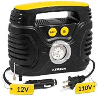 Kensun Durable Easy-to-Operate Dual Power Portable Tire Inflator Air Compressor for Use from Home Outlet (110V AC) & Car Cigarette Lighting Socket (12V DC)