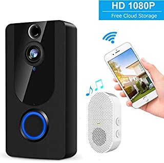 Wireless Video Doorbell,1080P Smart Home Security System with Real Time Push Alerts Night Vision Weather Resistant Free Cloud Storage Visual Recording Security Door Bell(Batteries Included)