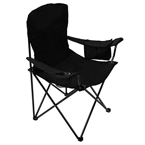 Pacific Pass Full Back Quad Chair for Outdoor and Camping with Cooler and Cup Holder, Carry Bag Included, Supports 300lbs, Middle, Black