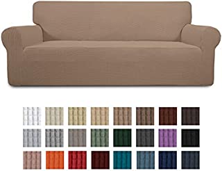 Easy-Going Stretch Sofa Slipcover 1-Piece Couch Sofa Cover Furniture Protector Soft with Elastic Bottom for Kids, Spandex Jacquard Fabric Small Checks(Sofa,Camel)