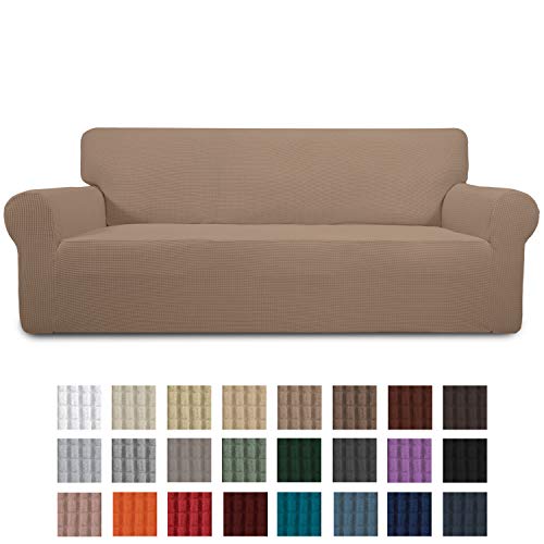 Easy-Going Stretch Sofa Slipcover 1-Piece Couch Sofa Cover Furniture Protector Soft with Elastic Bottom for Kids, Spandex Jacquard Fabric Small Checks(Sofa,Camel)