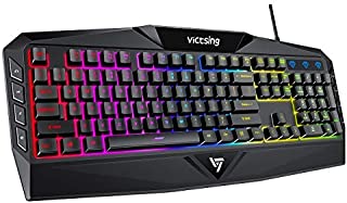 VicTsing Gaming Keyboard, USB Wired Keyboard with Rainbow Backlit and Spill-Resistant Design, Strong Durability, 8 Multimedia Keys, 19 Anti-Ghosting Keys, Ergonomic Wrist Rest Keyboard - Black