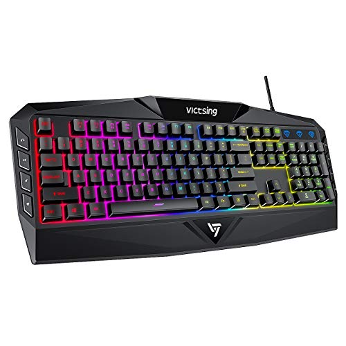 VicTsing Gaming Keyboard, USB Wired Keyboard with Rainbow Backlit and Spill-Resistant Design, Strong Durability, 8 Multimedia Keys, 19 Anti-Ghosting Keys, Ergonomic Wrist Rest Keyboard - Black