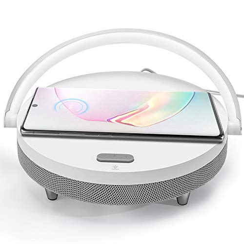 JACKYLED Bluetooth Speaker with Wireless Charger and LED Night Light Fast Charging Stand for Home Office Nightstand Compatible with iOS and Android Devices iPhone AirPods2 Galaxy White