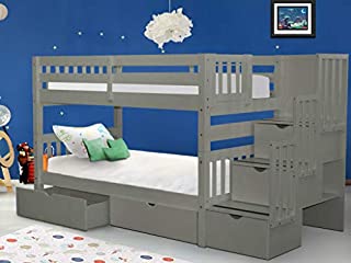 Bedz King Stairway Bunk Beds Twin over Twin with 3 Drawers in the Steps and 2 Under Bed Drawers, Gray