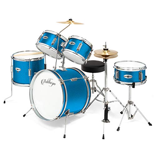 Ashthorpe 5-Piece Complete Kid's Junior Drum Set with Genuine Brass Cymbals - Children's Advanced Beginner Kit with 16