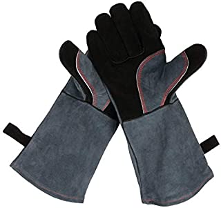 OZERO 932°F Heat Resistant Grill BBQ Gloves Leather Forge Welding Glove with Long Sleeve for Men and Women Black-Gray 16-inch