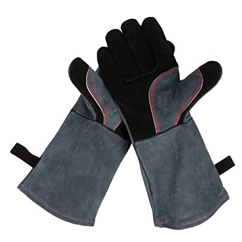 OZERO 932°F Heat Resistant Grill BBQ Gloves Leather Forge Welding Glove with Long Sleeve for Men and Women Black-Gray 16-inch